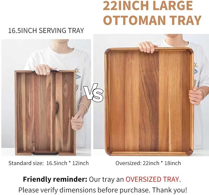 Large Wooden Ottoman Tray, Great 22"x18" Rectangle Trays for Big Ottoman Counter, Huge Kitchen Wood Serving Tray Round Corner, Living Room Coffee Table Decor Centerpiece Organizer Trays-Ruum Studio Home