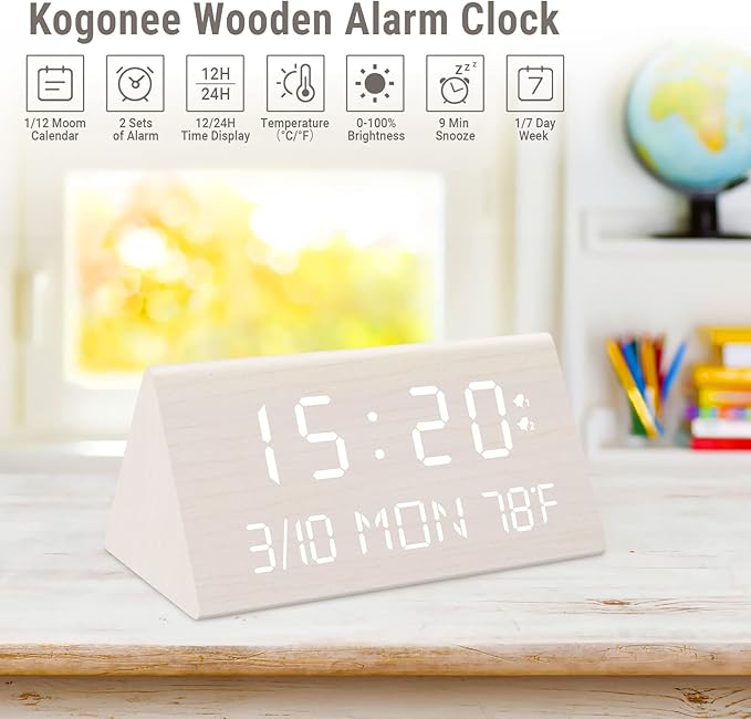 Kogonee Wooden Digital Alarm Clock, 0-100% Dimmer, 2 Alarm Settings, Weekday/Everyday Mode, 9 Mins Snooze, 12/24H, Temperature and Date Display for Office, Travel, Bedroom Alarm Clock (White)-Ruum Studio Home