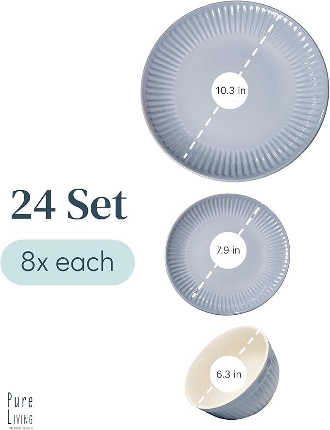 Stoneware Dinnerware Set for 8 People HYGGE 24-Piece - Elegant Scandi Design - Premium Dish Set - Bowl and Plate Set - Tableware for 8 People in a Ribbed Design - Pure Living in Gray-Blue-Ruum Studio Home