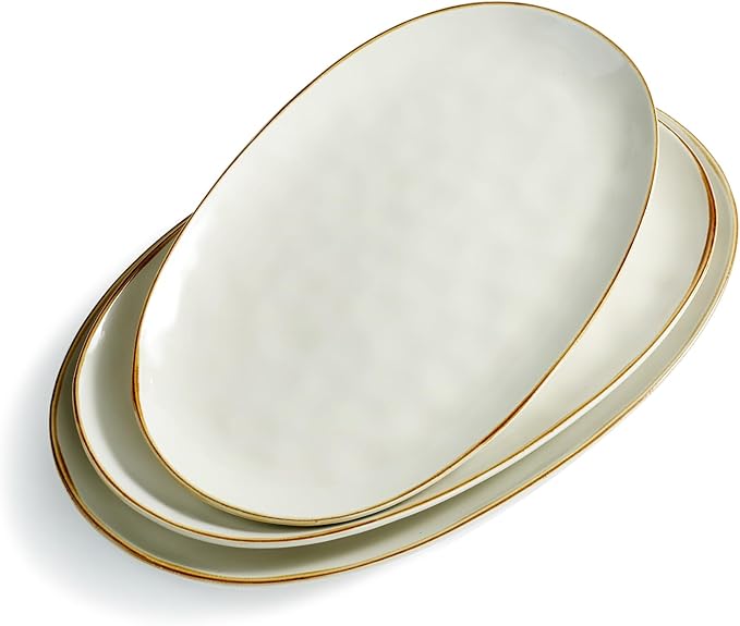 famiware Serving Platter, Oval 15.59/14.3/12.9inch Serving Dishes for Entertaining, Serving Bowls, Microwave Safe, Stoneware Serving Trays for Party, Food, Turkey, Cheese, Ocean Series, Vanilla White-Ruum Studio Home