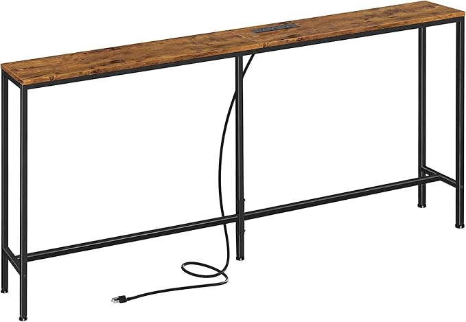 SUPERJARE 70 Inch Console Table with Outlet, Sofa Table with Charging Station, Narrow Entryway Table, Skinny Hallway Table, for Living Room, Rustic Brown-Ruum Studio Home