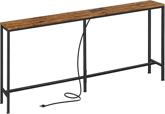 SUPERJARE 70 Inch Console Table with Outlet, Sofa Table with Charging Station, Narrow Entryway Table, Skinny Hallway Table, for Living Room, Rustic Brown-Ruum Studio Home