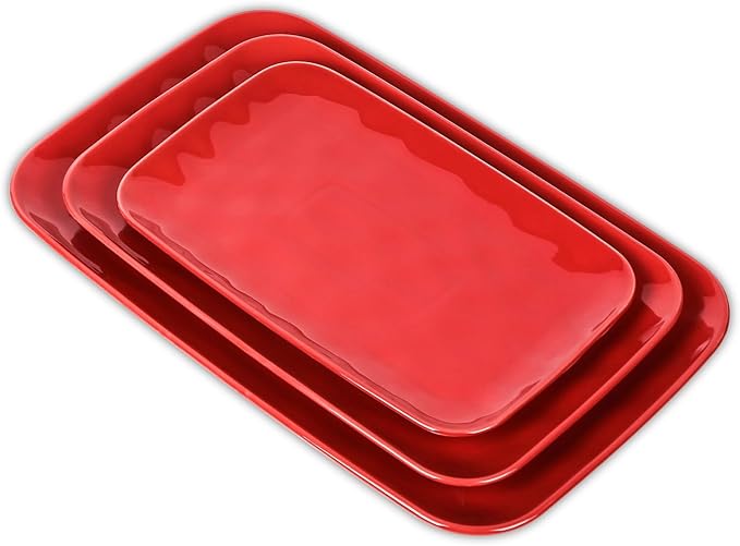 Vicrays Ceramic Rectangle Serving Platters - 14" 12" 10" Porcelain Serving Trays Plates for Party BBQ Appetizers Sushi Dessert - Microwave Oven and Dishwasher Safe - Set of 3 Red-Ruum Studio Home