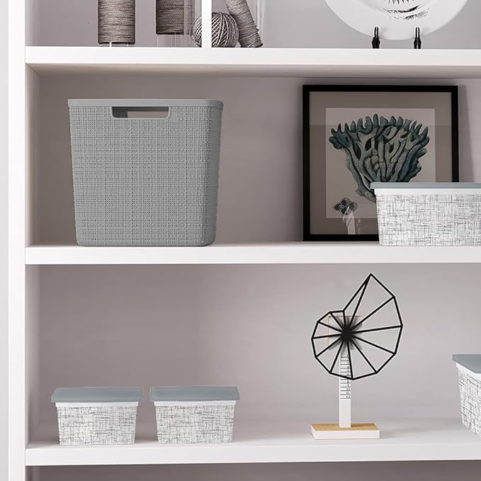 Curver Set of 4 Jute Large Cube Decorative Plastic Organization and Storage Baskets, Perfect Bins for Home Office, Closet Shelves, Kitchen Pantry and All Bedroom Essentials, Grey-Ruum Studio Home