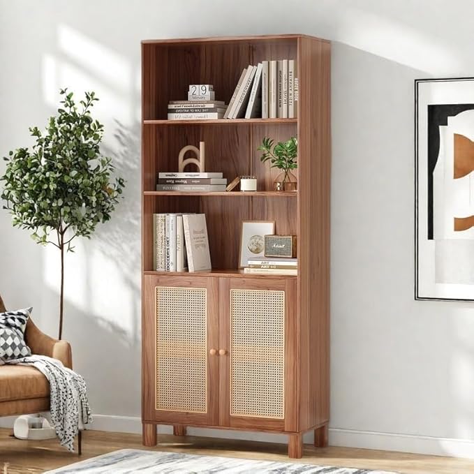 Tall Bookshelf, 5-Tier Book Shelf with 2 Rattan Doors, Freestanding Bookcase Display Shelves with Large Storage, Book Case for Living Room, Office, Study, Bedroom, 70.9 Inch-Ruum Studio Home