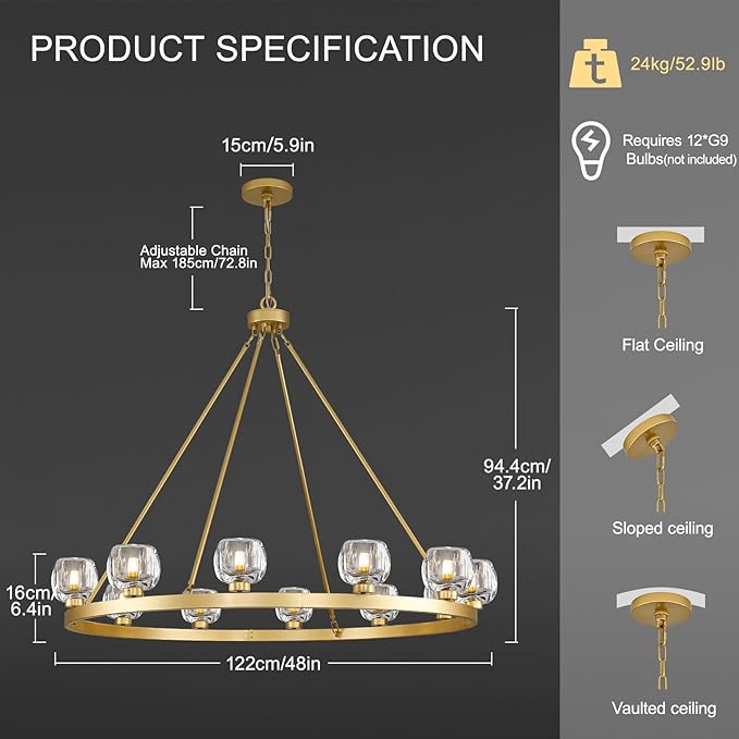 Gold Wagon Wheel Chandelier, 48 Inch Brass Chandeliers with Unique Glass Shade, 12-Light Crystal Large Wagon Wheel Chandeliers for Dining Room, High Ceiling Round Chandelier for Living Room, Foyer-Ruum Studio Home