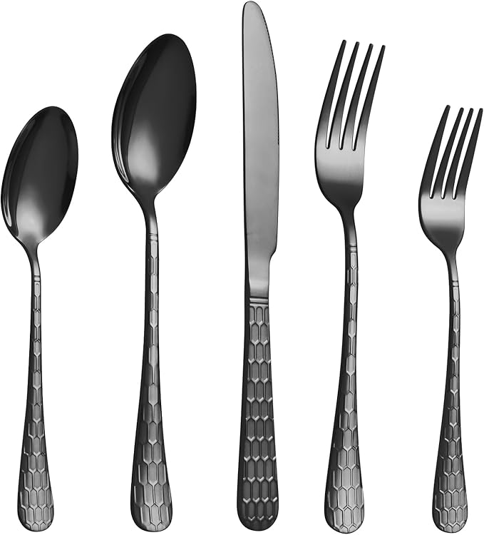 20 Pcs Black Silverware Set for 4 with Water Cube Handle design, Food Grade Stainless Steel Flatware Set, Eating Utensils Sets Include Fork/Knife/Spoon, Reusable Cutlery Set, Dishwasher Safe-Ruum Studio Home