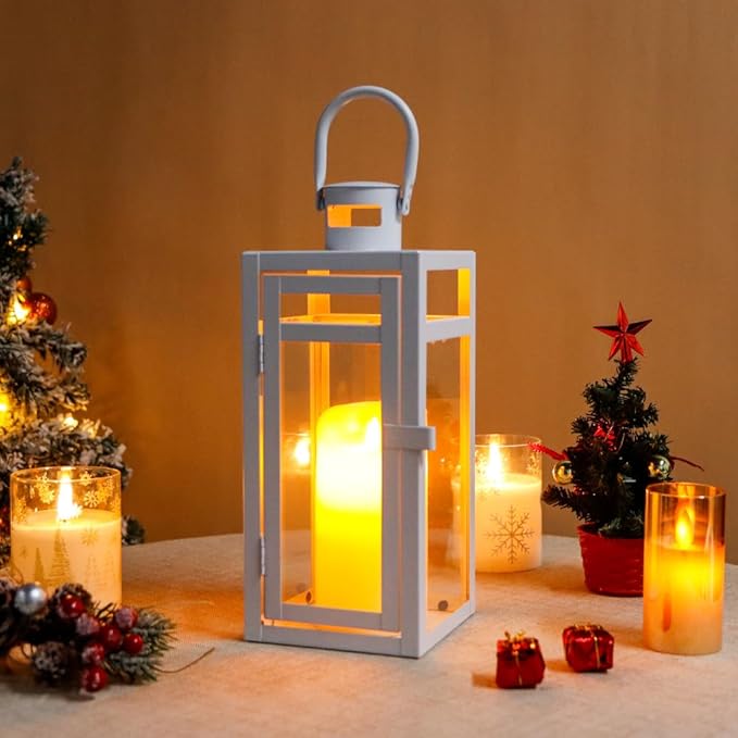 TRIROCKS Stainless Steel Decorative Lantern 12'' High Metal Candle Holder with Clear Glass Panels Perfect for Home Decor Living Room Parties Events Tabletop Indoor Outdoor (White)-Ruum Studio Home