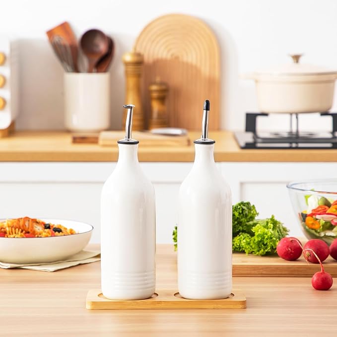 vancasso 20 Oz Ceramic Olive Oil Dispenser Bottle, Bottle Dispenser with Spout and Funnel for Kitchen,Suitable for Oil, Vinegar, Coffee Syrups & Other Liquids, White-Ruum Studio Home