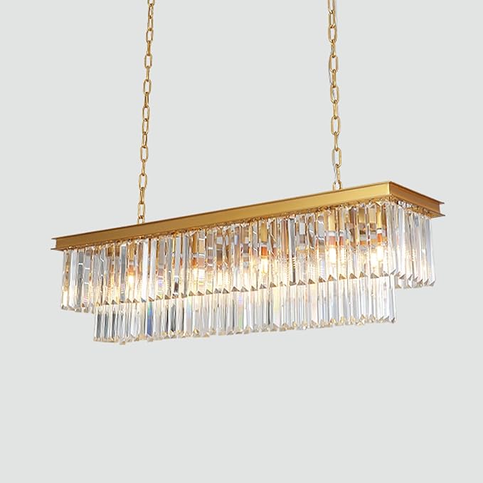 Gold Modern Rectangular Crystal Linear Chandeliers Rectangle Contemporary Pendant Ceiling Light Fixture for Kitchen Island, Dining Room, Bar, 12-Light 47 Inches-Ruum Studio Home