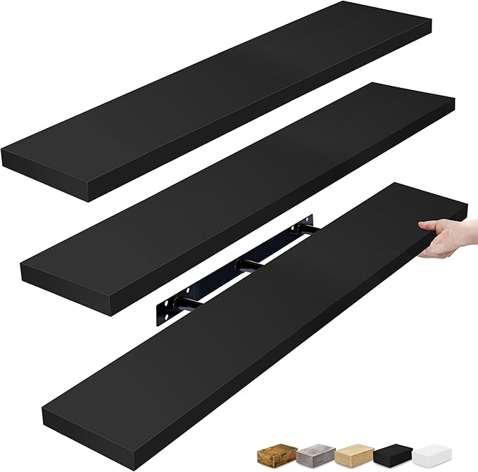 Sorbus Floating Shelves for Wall - 48 Inch Long Bathroom Shelves, Wall Decor for Bedroom, Kitchen, Living Room & Book Storage - Mounted Floating Shelf with Invisible Brackets (Black, 3 Pack)-Ruum Studio Home