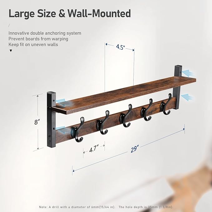 Tatub 29" Rustic Coat Rack Wall Mount with Shelf, Entryway Wall Hooks with Shelf, Coat Hangers for Bathroom, Living Room, Bedroom, Rustic Black-Ruum Studio Home