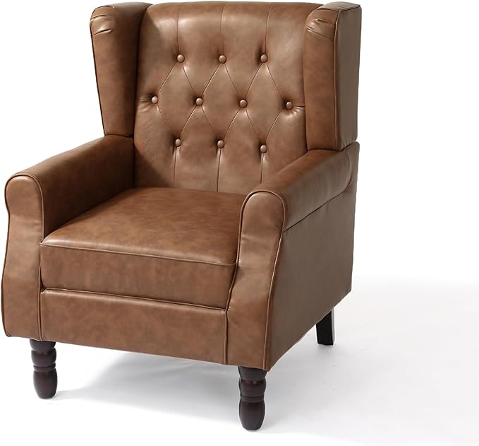 UIXE Faux Leather Accent Chair, High Back Upholstered Armchair for Living Room, Wingback Arm Chair Comfy Single Sofa Bedroom Reading Seat with Solid Wood Legs - Brown-Ruum Studio Home