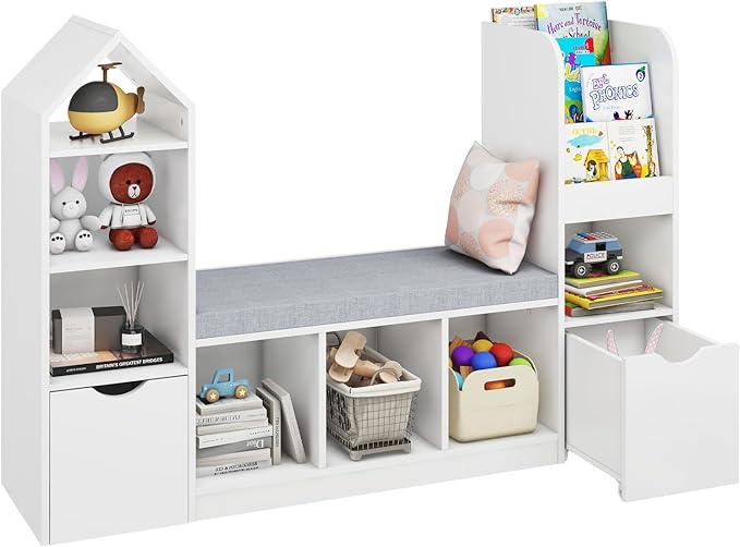 Vabches Kids Bookcase and Bookshelf with Reading Nook, Multifunctional Bookcase with 7 Storage Cubbies 2 Movable Drawers, Bookcases with Seat Cushion for Toy Storage Organizer Children's Room, Bedroom-Ruum Studio Home