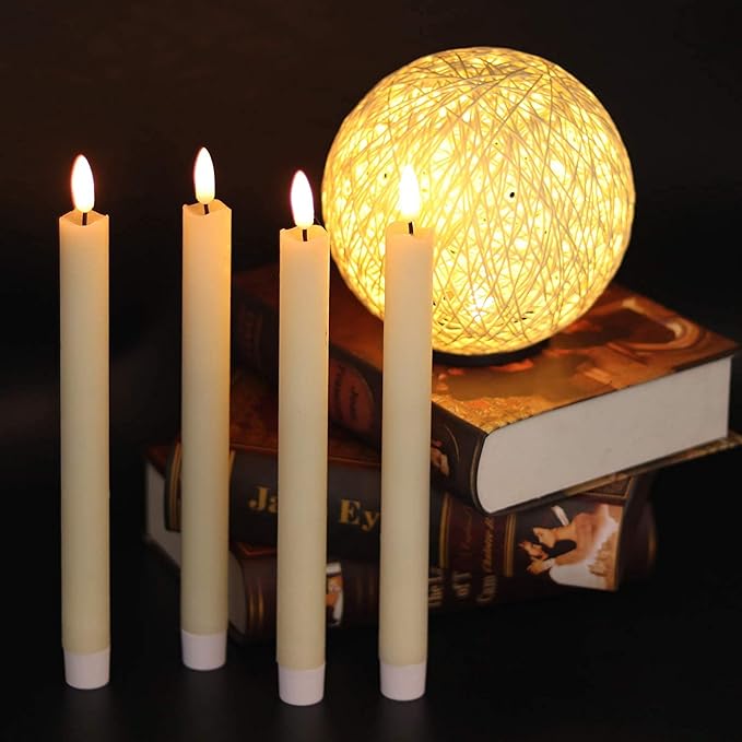 GenSwin Flameless Flickering Taper Candles with 2 Remote Controls and Timer, Real Wax 3D Wick Light Window Candles Battery Operated Pack of 8, Christmas Home Wedding Decor(Ivory, 0.78 X 9.64 Inch)-Ruum Studio Home