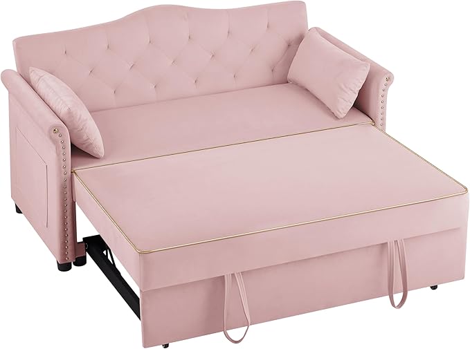57" Velvet Pull-Out Sofa Bed, 3-in-1 Convertible Loveseat with Gold Trim Strips and Adjustable Backrest, Perfect for Living Rooms, Offices and Apartments (Pink)-Ruum Studio Home