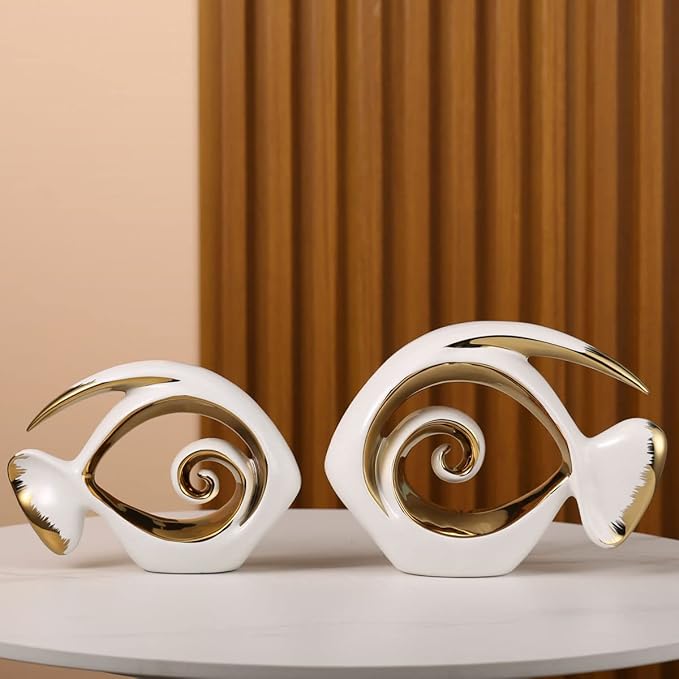 White Gold Ceramic Fish Figurines - Coastal Home Decor, Modern Ocean Centerpieces for Living Room, Dining Area, Bathroom, Office, Coffee Table, Beach House, Nautical, Seaside, Entrance, Shelf Display-Ruum Studio Home