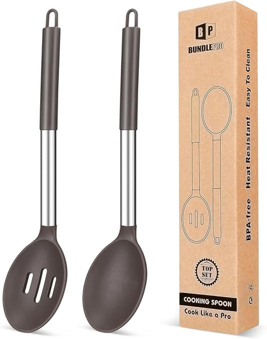 Pack of 2 Large Silicone Cooking Spoons,Non Stick Solid Basting Spoon,Heat-Resistant Kitchen Utensils for Mixing,Serving,Draining,Stirring (CHOCOLATE)-Ruum Studio Home