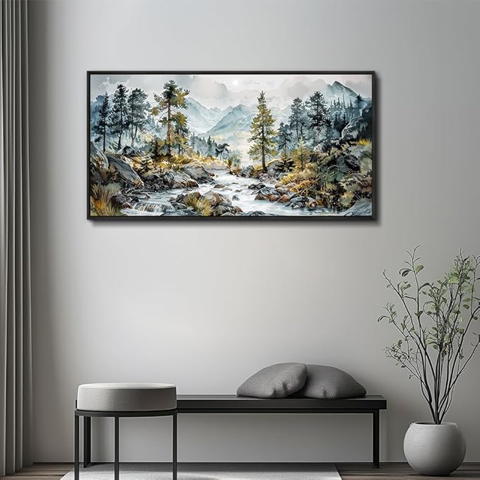 PHAOHUAXM Large Canvas Printing Artworks Wall Art For Bedroom Wall Decor For Living Room Office Home Decor Rivulet View Painting Forest Tree Landscape Watercolour Pictures Black Framed 30x60 In-Ruum Studio Home