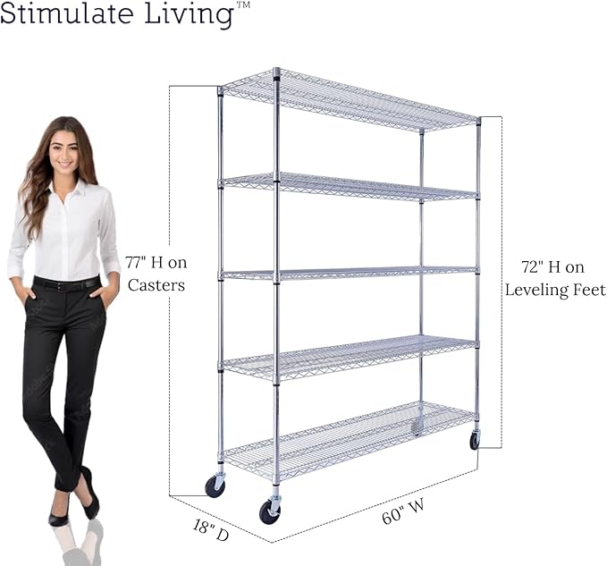 60"x18"x72" PRIME HEAVY DUTY Chrome 5-Tier Wire Shelving 4000 LBS MAX Capacity Storage Rack for Commercial, School, Home, Garage, Warehouse, Industrial, and Hospital Uses (with Wheels)-Ruum Studio Home