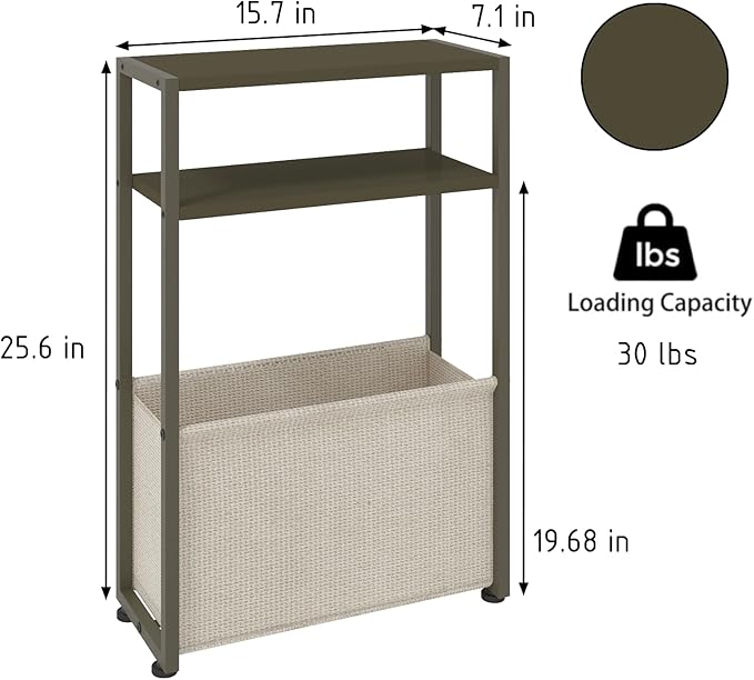 Narrow Side Table, Slim End Tables with Fabric Basket, Skinny Table for Small Spaces, Thin Bedside Table for Living Room, Bedroom (1, Forest Green + Camel Brown)-Ruum Studio Home