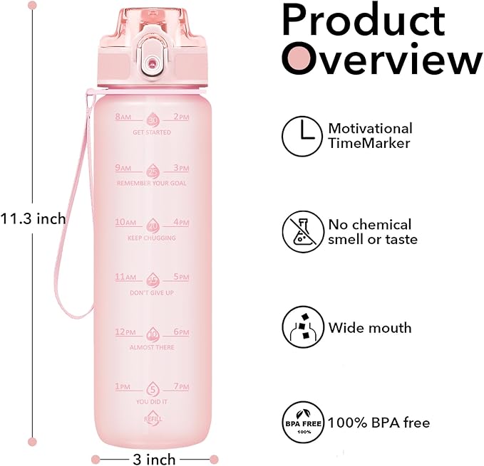 32oz Motivational Water Bottles with Time Marker & Fruit Strainer, Transparent Gradient Color Water Bottle with Times to Drink, Leakproof & BPA Free, Reusable Bottle with Strap (No Straw)-Ruum Studio Home