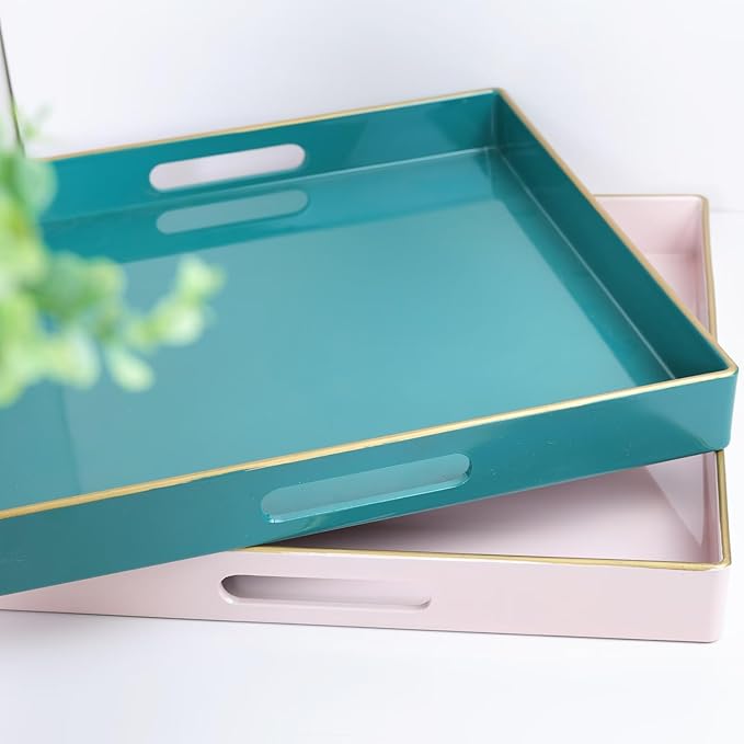 Spsyrine Pink Decorative Serving Tray with Handles, 13" X 13" Square Plastic Coffee Table Tray for Ottoman, Living Room, Bathroom, Home Decor.-Ruum Studio Home