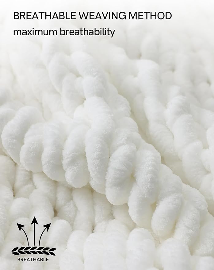YnM Chunky Throw Blanket, Medium-Weight, Hand Knitted with Chenielle Yarn, Skin Friendly, Ventilated and Breathable, Machine Washable, Home Décor Piece for Couch, Sofa and Bed (White, 50x60 Inch)-Ruum Studio Home