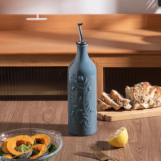 Sweejar Large Olive Oil Dispenser Bottle with Spout, 24 Oz Ceramic Oil Dispenser for Kitchen, Relief Opaque Oil Cruet, Oil Container for Cooking, EVOO, Avocado Oil, Vinegar, Pack of 1(Fog Blue)-Ruum Studio Home