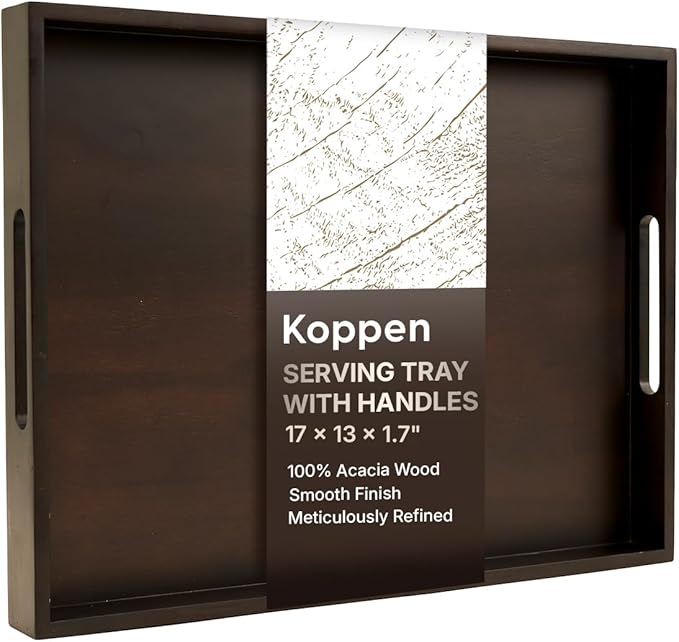 Koppen Acacia Wood Serving Tray with Handles, 17" x 13.86", Large Wooden Platter for Breakfast, Ottoman Tray for Party, Snacks, Fruit, Coffee Table, Living Room, Sofa, Bed, Outdoor-Ruum Studio Home