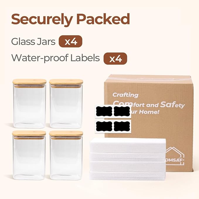 ComSaf 1.2 Qt Rectangle Glass Storage Containers with Lids, Glass Jars with Bamboo Lids, Clear Food Storage Jar, Sugar Coffee Containers, Pantry Container for Pasta Tea Candy Nut-Ruum Studio Home