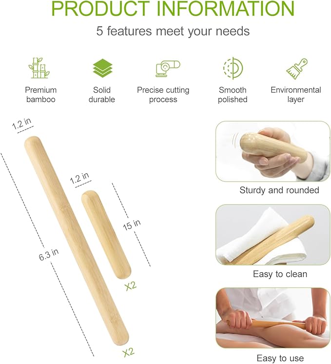4PCS Solid Bamboo Massage Sticks & Guasha Set with Roller/Stick - 100% Bamboo Therapy Tools for Neck/Arm/Back/Legs/Full Body, Deep Tissue Massage, Muscle Relaxation, Body Shaping, Fatigue Relief-Ruum Studio Home
