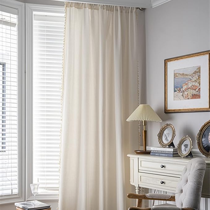 Sutuo Home Boho Curtain with Handmade Tassels, Rod Pocket Window Treatment Vintage Rustic Bohemian French Farmhouse Semi-Blackout Solid Drape for Bedroom, 1 Panel 59" W x 84" L,Cream White-Ruum Studio Home