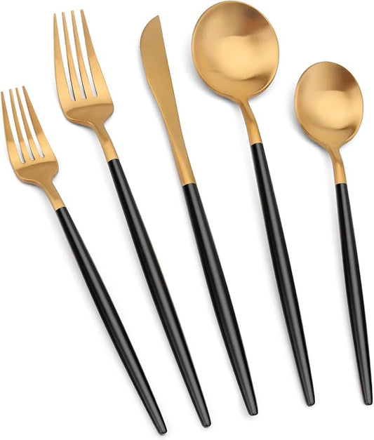 Matte Gold Silverware Set with black handle, Vanys 20 Piece Stainless Steel Cutlery Flatware Set, Kitchen Utensil Sets for 4, Tableware With Knife Spoons And Forks Set, Satin Finished Polished-Ruum Studio Home