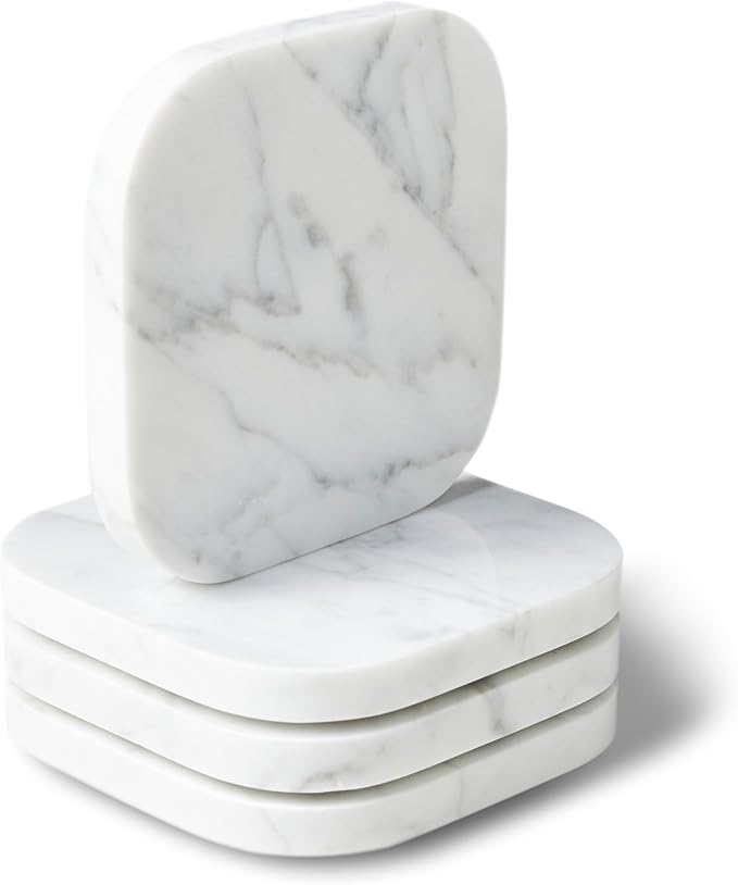 𝐋𝐮𝐱𝐮𝐫𝐲 𝐈𝐭𝐚𝐥𝐢𝐚𝐧 100% Marble Tile Coasters – Set of 4 – Square Modern Bar Coasters for Drinks, Coffee –Stone Holder for Home Décor, Housewarming Gifts (Carrara White)-Ruum Studio Home