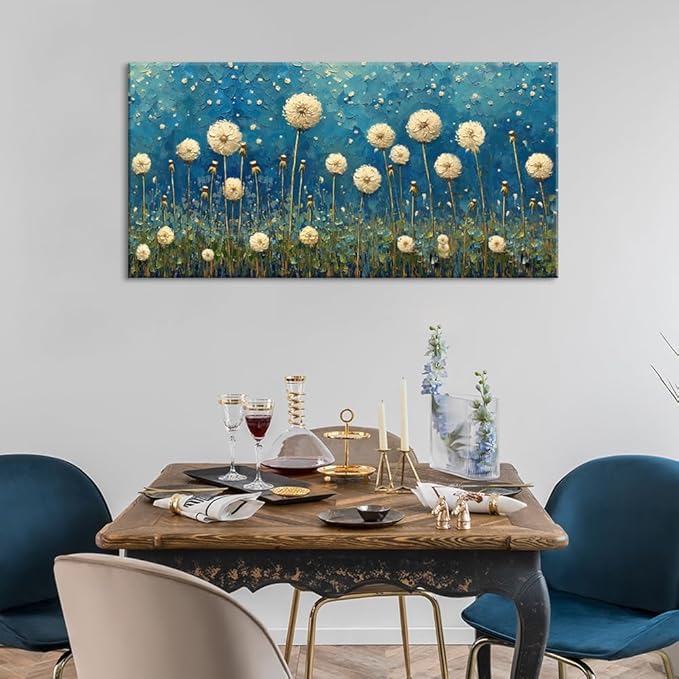 LASMOND Teal Dandelion Wall Art for Living Room Abstract Blowball Canvas Painting Prints Large Flower Floral Grassland Bedroom Decoration Modern Artwork Decor (40x20 Inches)-Ruum Studio Home