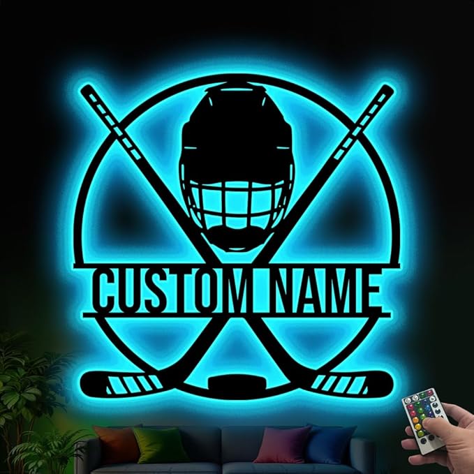Hockey LED Wall Art with Remote – Custom Name Light Up Sign for Boys Room, Unique Gift for Hockey Players, Sports Lovers, Fans, Coaches, Man Cave, Hockey Wall Décor-Ruum Studio Home