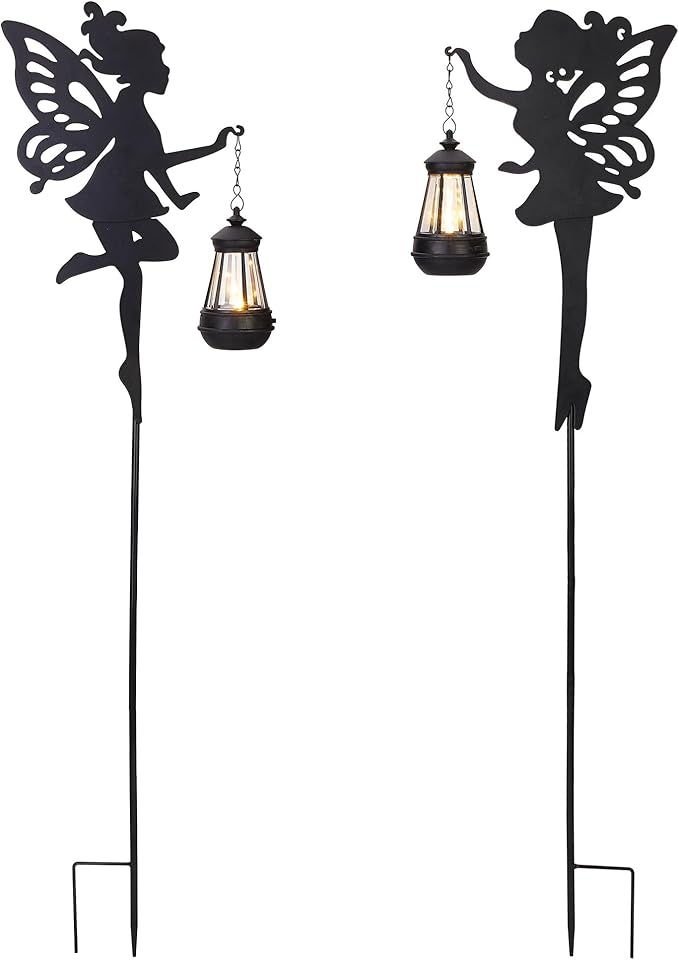 Fairy Garden Accessories Halloween Decorations Lawn Ornaments 1 Pair - Solar Lights Outdoor Garden Statue, Metal Stakes Decorative Figurines for Yard Decor, Patio (Type A Warm Lighting)-Ruum Studio Home