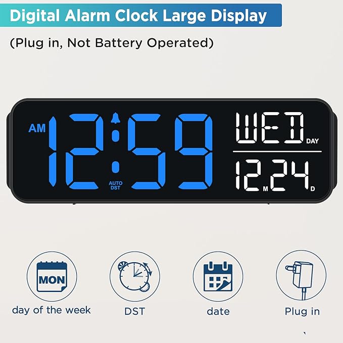 Peakeep Large Display Digital Alarm Clock for Bedrooms, Date Day of Week Calendar Desk Table Clocks for Living Room Office, Dimmable Plug in Electric Clock, 5 Volumes, Loud, Auto DST-Ruum Studio Home