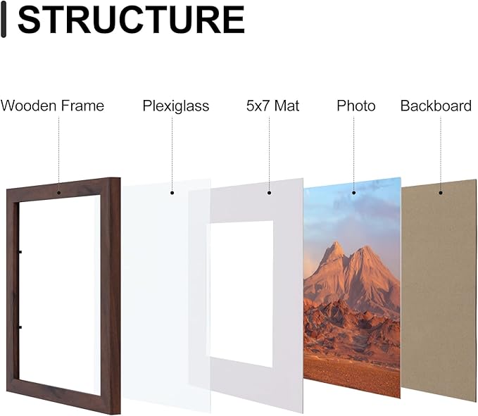 Vittanly 8x10 Picture Frames Set of 9, Shatter Resistant Plexiglass, Display 5x7 Pictures with Mat or 8x10 without Mat, Photo Frames for Wall or Tabletop, Engineered Wood, Walnut-Ruum Studio Home