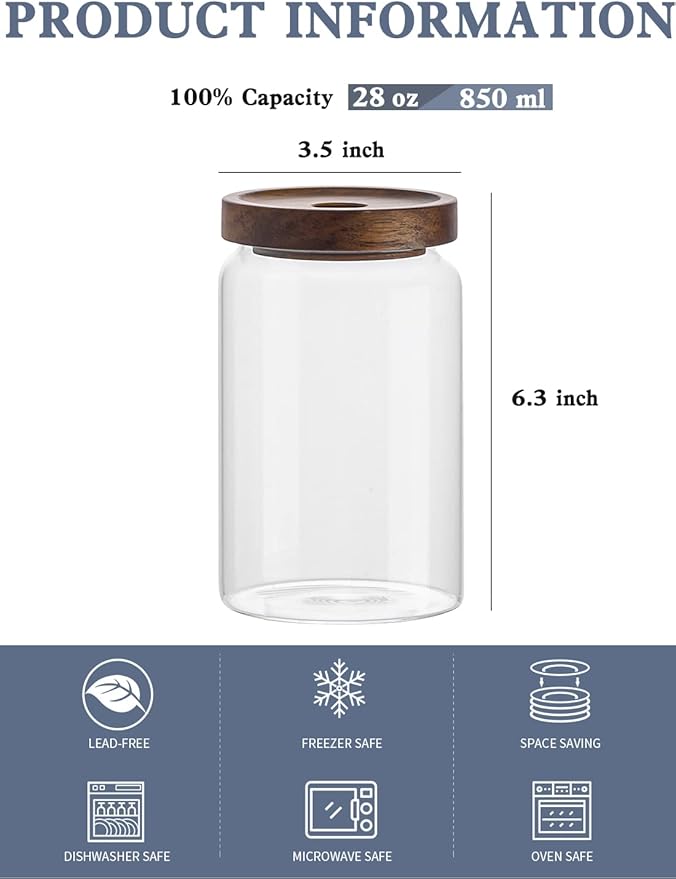 Kanwone Glass Storage Containers Set of 6, 28 Ounce Airtight Food Storage Containers with Bamboo lids, Clear Glass Jars for Pantry, kitchen, Flour, Sugar, Tea, Coffee, Snack, Cookies, Spice and Herbs-Ruum Studio Home