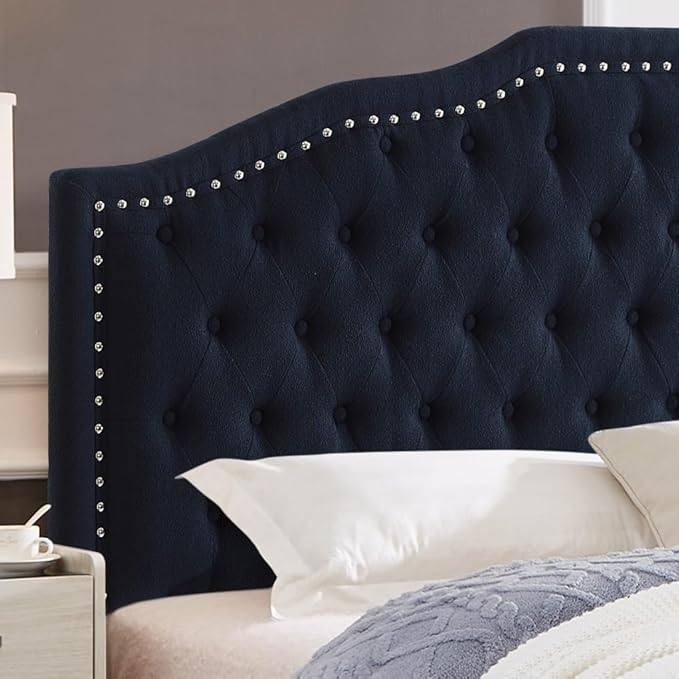 24KF Upholstered Button Tufted Queen Headboard with Nailhead Trim, Elegant Boucle Fabric Full headboard, 6031-Q-Boucle-Navy-Ruum Studio Home