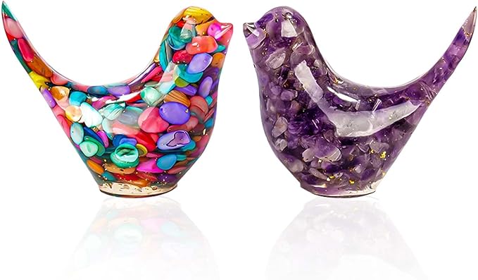 Crystal Bird Figurines, Resin Animal Statues, Miniature Decorative Gravel Birds, Home Decor (2PCS-Purple+Colorful)-Ruum Studio Home