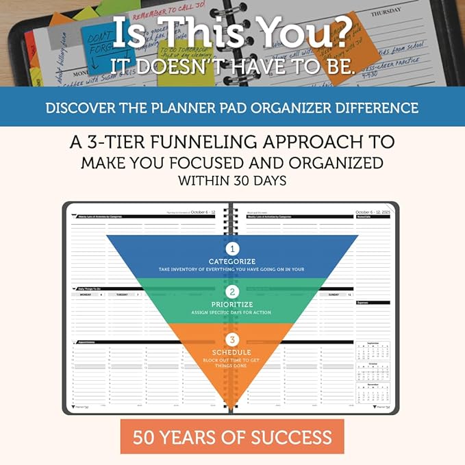 Planner Pad Spiral Bound 3-Tier Funnel Down 12 Month Organizer, October 2025 – September 2026, Black Cover/Black Ink, 8 1/2" x 11"-Ruum Studio Home