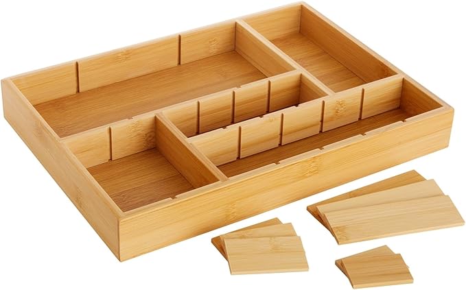 Juvale Drawer Organizer Tray - 14 x 10 x 2 In Brown Bamboo - 8 Adjustable Dividers for Custom Storage - Silverware & Utensil Organizer - Desk Drawer Divider - Versatile Wooden Divided Tray-Ruum Studio Home