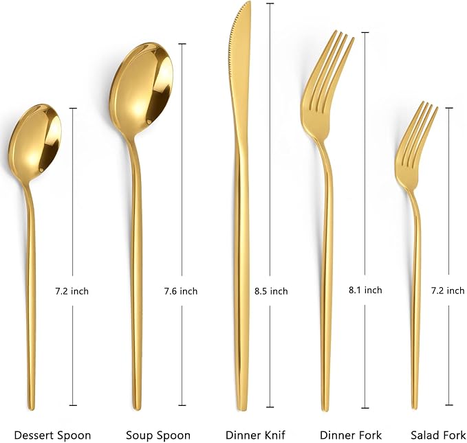 KassKa Gold Silverware Set, 20 Pieces Flatware Cutlery, Stainless Steel Utensils Spoon Fork Knives for Home Restaurant and Kitchen, Mirror Polished Finished, Service for 4-Ruum Studio Home