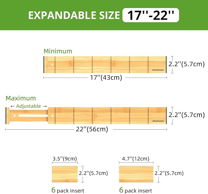 ANTOWIN 4 Pack Expandable Drawer Dividers, 2.2'' High, Extend from 17'' to 22'', Dresser Drawer Organizers, Bamboo Separators for Kitchen, Bedroom, Office, Bathroom, with 12 Pack Divider Inserts-Ruum Studio Home