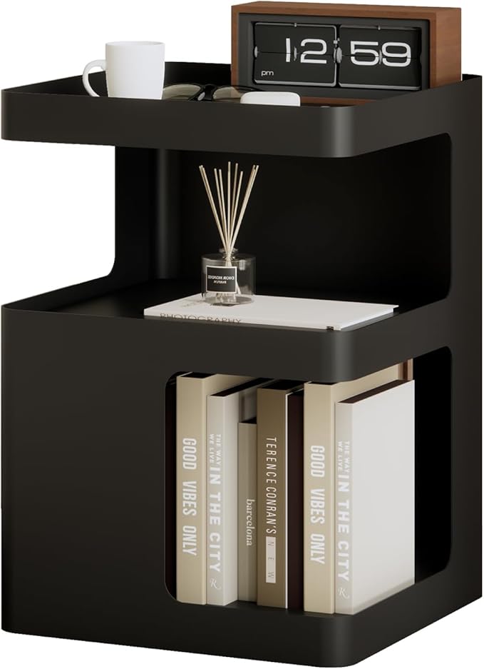 Modern Side Table,Small end Tables for Small Spaces,Black Metal nightstand,Bedside Tables,Accent Table with Storage for Couch, Bedroom,Living Room.No Assembly Required-Ruum Studio Home