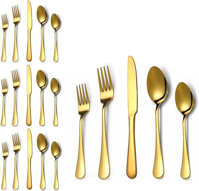 Lazycorner 20 Pcs Gold Silverware Set for 4, Food Grade Stainless Steel Flatware Set Include Fork/Knife/Spoon, Mirror Polished Eating Utensils Sets, Reusable Silverwear Cutlery Set, Dishwasher Safe-Ruum Studio Home