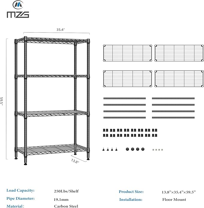 1000 lbs 4 Tier Shelf Metal Storage Shelves Shelving Wire Rack Heavy Duty Closet Organizers for Garage Kitchen Bathroom Laundry Black 13.8" D x 35.4" W x 59.5" H-Ruum Studio Home